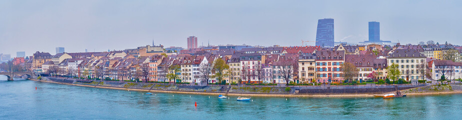 Sticker - Panorama of Kleinbasel district of Basel and the riverbank of Rhine River, Switzerland