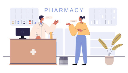 Wall Mural - pharmacy with pharmacist and client in counter.