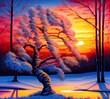 Winter Tree and Sunset, Generative AI Illustration