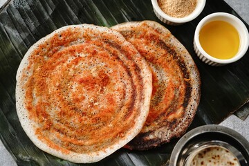 Wall Mural - South Indian vegetarian breakfast idli karam podi dosa sambar chutney powder ghee and filter coffee