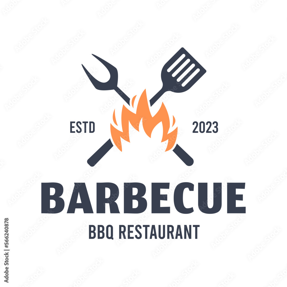 Vintage hipster Grill Barbeque barbecue bbq with fork spatula and fire ...