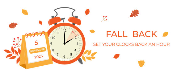 Daylight saving time ends concept banner. Fall Back time. Allarm clock with autumn leaves and calendar