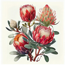 Protea Flower Isolated, African Protea Drawing Imitation, Abstract Generative AI Illustration