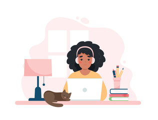 Wall Mural - Black woman working with computer, home office, student or freelancer. Customer service, call center and support. Cute concept vector illustration in flat style