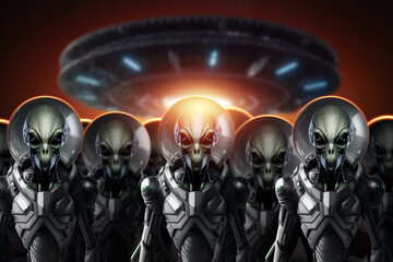 Wall Mural - a crowd of green aliens in spacesuits standing in front of a flying saucer, ufo. first contact, sear