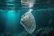 A fish in plastic bag. Pollution in oceans concept. Created by Generative Al.