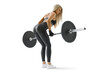© USM Photography - Fitness woman doing barbell squats workout. Bodybuilder woman turning back. Transparent PNG isolated. Buttocks, legs training.