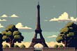 Pixel art Eiffel Tower, public park with trees in Paris, city ​​landscape in retro style for 8 bit game, Generative AI