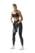 © USM Photography - Sportswoman in sportswear, gloves, black top and leggings trains arm muscles. Transparent PNG Isolated Full length portrait of  sportswoman.