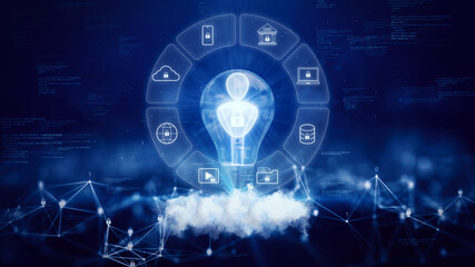 Fototapete - concept of cybersecurity protection technology on the internet. User icon in light bulb Surrounded by icons for various applications. Above the polygons and binary code on a dark blue background.