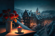 canvas print picture - Blick aus dem Fenster auf eine winterliche Stadt, ki generated