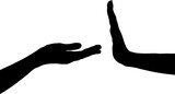 Fototapeta Zachód słońca - A gesture of two hands to ask and refuse. Broad concept of hand gesture is applicable in different areas of life. Vector silhouette