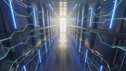 Data centers with people working are technology-connected and mining AI. Server racks in computer network security server room data center. Shot of Corridor in Working Full of Rack