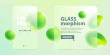 Cards Screens In Glassmorphism Effect. Eco Friendly Template. Matte Glass With Blurred Floating Green Leaves And Spheres.
