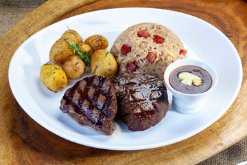 Canvas Print - Roasted steak meat, potatoes and rice