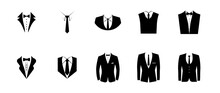 Business Suits With Tie Set. Stylish Professional Tuxedo Clothing For Business Presentations And Conferences With Visits To Elite Clubs And Vector Restaurants
