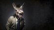 Donkey Laughing dressed in a business man's suit.  Full mouth open showing teeth laughing loud and hard with hands in his pockets expressing himself and laughing at others.  Generative ai
