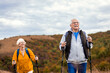 © Zoran Zeremski - Active senior couple with backpacks hiking together in nature on autumn day.