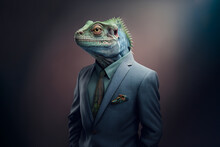 AI Generated Image Of Unrecognizable Man In Formal Suit With Iguana Head