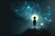 © ImagineDesign - a boy looking the big bulb buried in the ground against night sky with stars and space dust, digital art style, illustration painting (ai generated)