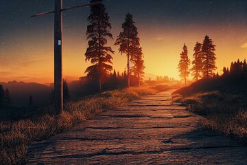 trust your journey text on wooden signpost outdoors in landscape scenery during blue hour and sunset. Generative AI