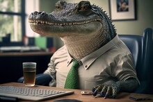 Crocodile - Close Up Portrait - Office Worker At The Desk - Generative AI