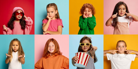 Collage. Diversity of emotions. Portraits of little girls, children showing different emotions, posing over multicolored background. Concept of emotions, facial expression, childhood, lifestyle