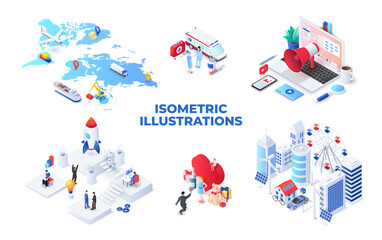 Wall Mural - set of light isometric illustrations. map, medical, smart city, startup, valentine's day and online 