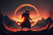 A samurai in a demonic red mask on the battlefield makes a swing with a katana creating a sizzling fire ring around, he is a mystical martial. illustration painting (ai generated)
