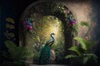 3D rendering of a tropical jungle with a peacock and leaves, flowers, and an arch in the distance. Generative Ai.