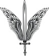 sword with wings. Guard. Medieval sword with wings. Design element for logo, label, emblem, sign, badge.