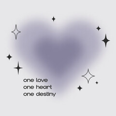 Blurry gradient card with positive love text. One love, one heart, one destiny. Vintage y2k banner template with purple heart for social media post. Minimalist groovy poster. Motivation quote.