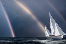 Yacht Sailing In Open Sea At Stormy Day - Anchored Sailing Yacht On Calm Sea With Tropical Storm And Double Sided Rainbow In The Background. Generative AI