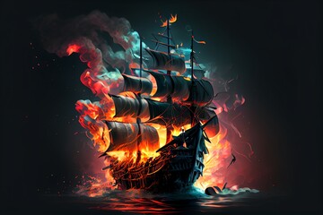 Pirate ship destroyed in flames after battle at sea. Digital illustration. Generative AI