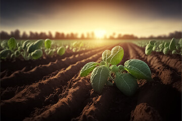 Wall Mural - Green field of potato crops. Background of potato plant field. Growing food on the farm. Agroindustry and agribusiness. generative AI
