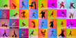 © master1305 - Collage. Combination of modern and classic dance styles. People dancing ballroom, tango and hip-hop dance over multicolored background in neon. Youth culture, hip-hop, movement, action concept