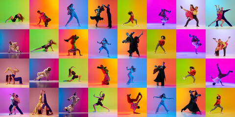 Wall Mural - Collage. Combination of modern and classic dance styles. People dancing ballroom, tango and hip-hop dance over multicolored background in neon. Youth culture, hip-hop, movement, action concept