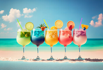 Sticker - Row of fresh summer cocktails on a tropical beach. Generative ai