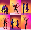 © master1305 - Set with images of stylish men and women dancing in bright clothes on colorful background at dance hall in neon light. Art, danc, hip-hop, retro, vintage style and fashion. Collage, poster for ad