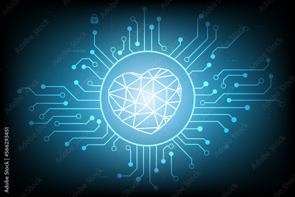 Heart vector glow in the circuit board cyber security on dark blue vintage screen with log to scan password login system design for greeting card technology background concept