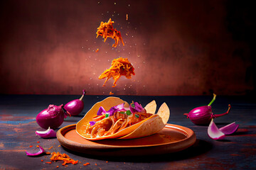 Poster - Creative food image of Mexican Tacos de Cochinita Pibil and onion with habanero chili falling