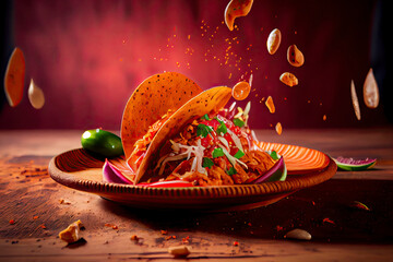 Wall Mural - Creative food image of Mexican Tacos de Cochinita Pibil and onion with habanero chili falling