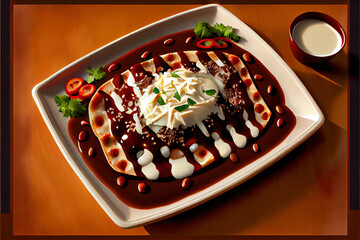 Wall Mural - Enchiladas - mexican food, tortilla with chicken, cheese and tomatoes.