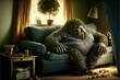 Obese man sits on a couch with roots growing into the, concept of Sedentary lifestyle and Overconsumption, created with Generative AI technology