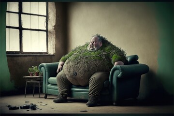 Obese man sits on a couch with roots growing into the, concept of Sedentary lifestyle and Overconsumption, created with Generative AI technology