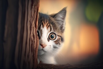 Wall Mural - cute kitten is hiding behind wood trunk, Generative Ai