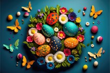 Easter Eggs Poster Background For Greeting Celebrated In Easter Day. Generative AI