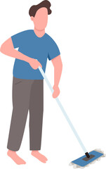 Wall Mural - Man holding mop semi flat color raster character. Standing figure. Full body person on white. Guy cleaning floor at home simple cartoon style illustration for web graphic design and animation