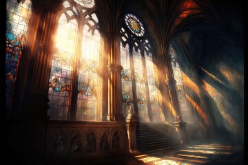 Morning sun shining through the colorful huge windows. Fantasy magical scene. Generative ai.