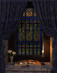 Decorative stain glass window with curtains.
